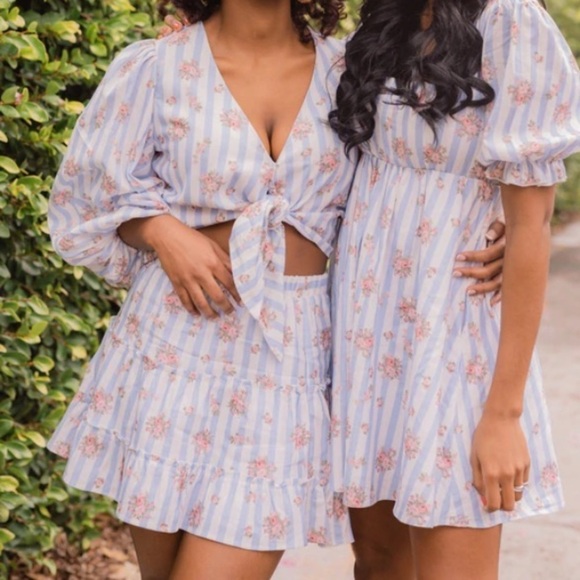 - Show Me Your Mumu X Pinck Addie Skirt Top Set Pink Floral Palmetto Blue Pink - Picture 2 of 13